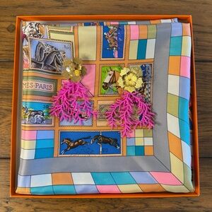 Pink Beaded Floral Statement Earrings with Gold Detail